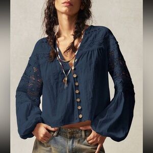 Boho navy blue floral lace insert  blouse